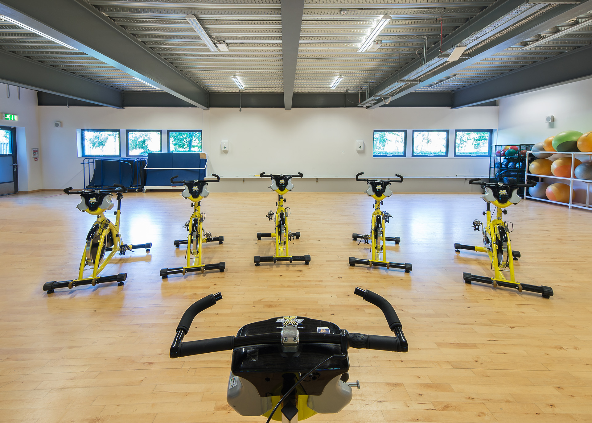 Stationary exercise bikes at Granton sports hall. 